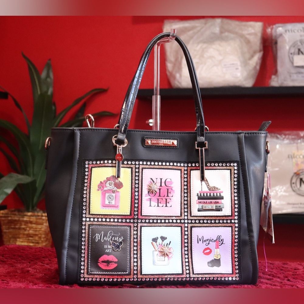 Nicole Lee Black Graphic Tote Bag with Double Handles